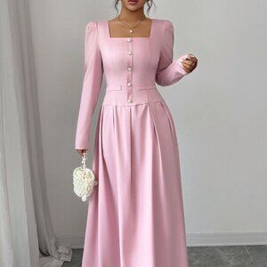 Square Neck Long Sleeve Maxi Dress | New A-Line Formal Blush Pink Dress